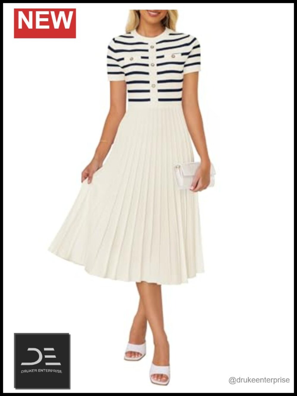 Striped Crewneck Short Sleeve Midi Dress Pleated A-Line Casual